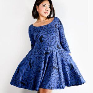 Thief and Bandit Midnight Cattails Twirl Dress - Size M - Blue with Black Print